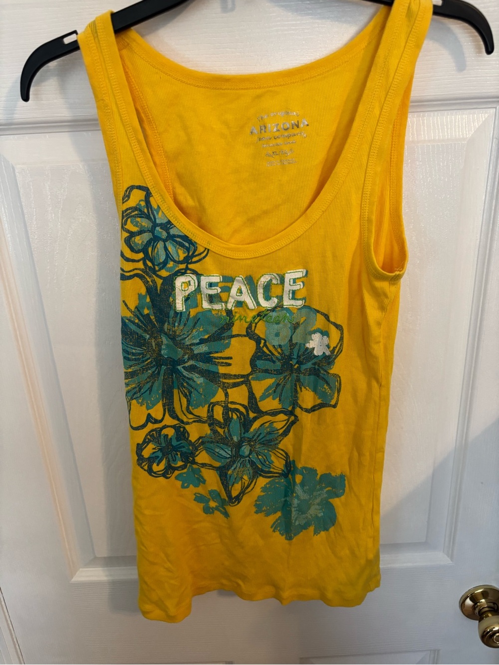 Arizona Jean Company Yellow Tank Top with Teal Floral 'PEACE' Graphic
